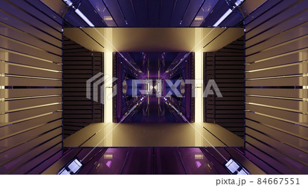 3D illustration of 4K UHD glowing kaleidoscope inside of geometric tunnel 84667551