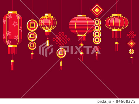 Happy Chinese New Year greeting card with hanging lanterns. Background with talismans and holiday decorations. Asian tradition symbols. 84668275