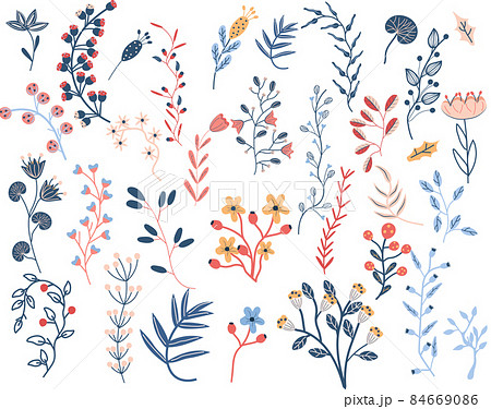 Big collection flowers, leaves, tree branches, red berries. Scandinavian style. Wild Botanical elements for your design. Simple minimalistic colorful flowers. Vector illustration. Big collection flowers, leaves, tree branches, red berries. Scandinavian style. Wild Botanical elements for your design. Simple minimalistic colorful flowers. Vector illustration. 84669086