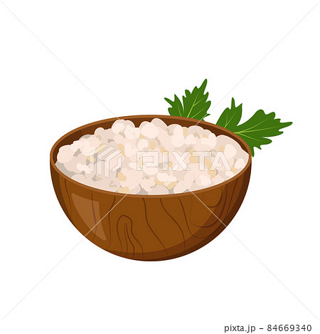 Wooden plate with cottage cheese and a sprig of parsley. Curd icon. A source of vitamin A. Healthy food and breakfast. Farm product. Vector flat illustration 84669340