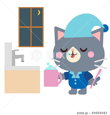 夜に歯磨きをする猫イラスト 84669483