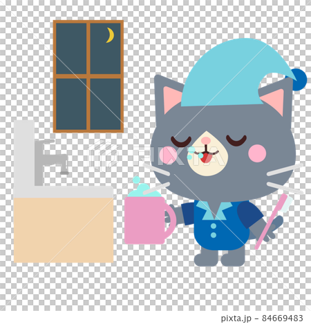 夜に歯磨きをする猫イラスト 84669483