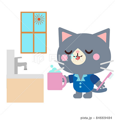 朝に歯磨きをするネコイラスト 84669484