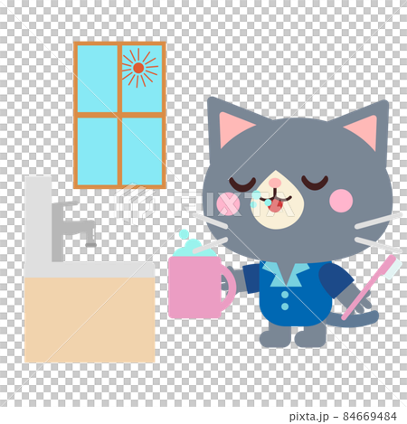 朝に歯磨きをするネコイラスト 84669484