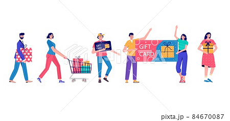Seasonal discount website sale banner with people holding shopping bag. Promotion of online store loyalty program, bonus, reward, discount card, coupon or voucher. Modern flat vector for advertisement 84670087