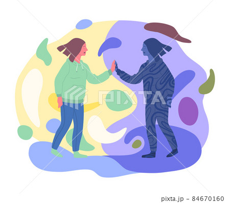 Cartoon Color Characters and Meeting Shadow Personality Psychology and Psychiatry Consciousness Dark Side Concept Flat Design Style. Vector illustration Cartoon Color Characters and Meeting Shadow Personality Psychology and Psychiatry Consciousness Dark Side Concept Flat Design Style. Vector illustration 84670160