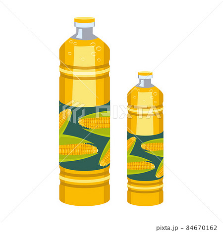 A bottle of corn oil. Plastic transparent packaging with yellow liquid. Source of vitamins, salad dressing A bottle of corn oil. Plastic transparent packaging with yellow liquid. Source of vitamins, salad dressing 84670162