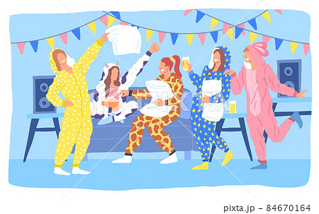 Cartoon Color Characters People and Kigurumi Pajama Party Concept Flat Design Style. Vector illustration of Funny Costume 84670164