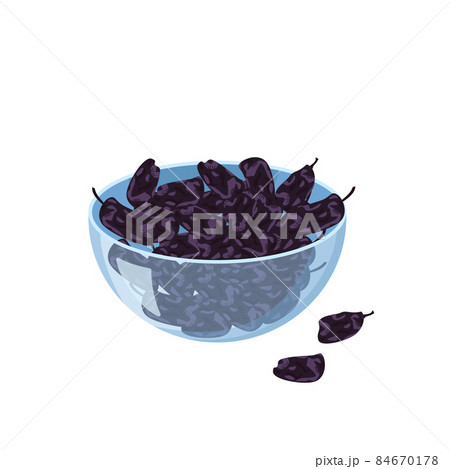 Glass transparent bowl with black raisins. Sweet delicious dessert or snack. Source of vitamins, exotic food, dried grapes. Additive to baked goods or dairy products. Vector flat illustration Glass transparent bowl with black raisins. Sweet delicious dessert or snack. Source of vitamins, exotic food, dried grapes. Additive to baked goods or dairy products. Vector flat illustration 84670178