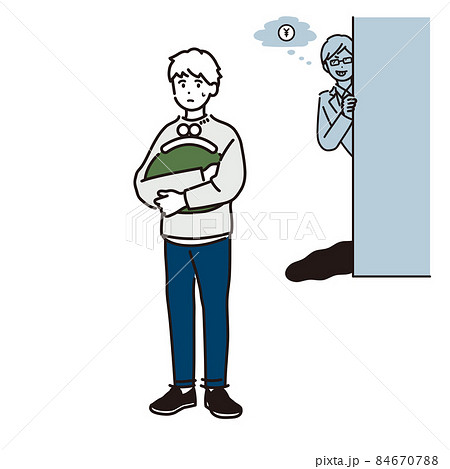 お金を狙う悪い人と、警戒する男性のイメージイラスト お金を狙う悪い人と、警戒する男性のイメージイラスト 84670788