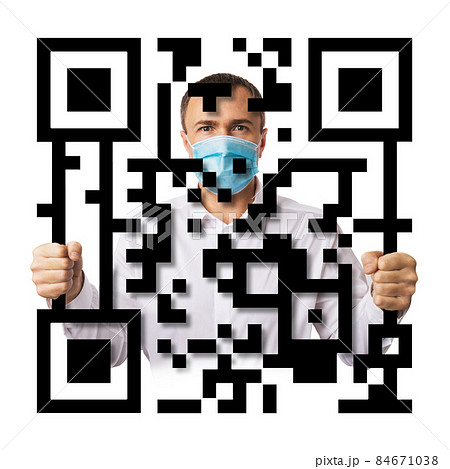 A man in a mask holds on to the bars made of QR-code, isolated on a white background, concept on the theme of digital prison A man in a mask holds on to the bars made of QR-code, isolated on a white background, concept on the theme of digital prison 84671038