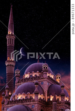 Islamic background with The Al Sahaba Mosque in Sharm El Sheikh against ramadan dusk sky and crescent moon. Fragment 84671333