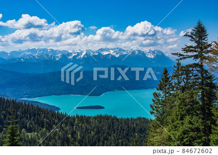 View from top of the Jochberg to the lake Walchensee and the Bavarian and Tyrolean mountains, Alps, Bavaria, Germany View from top of the Jochberg to the lake Walchensee and the Bavarian and Tyrolean mountains, Alps, Bavaria, Germany 84672602