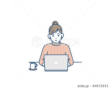 ノートパソコンを使う女性 主婦 フリーランス 仕事 インターネット 検索のイラスト素材