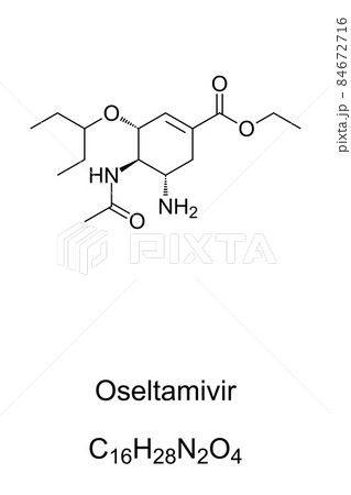 Oseltamivir, chemical formula and structure. Also named Tamiflu, an antiviral medication to treat and prevent influenza A and B. Synthesis starts with shikimic acid, extracted from Chinese star anise. 84672716