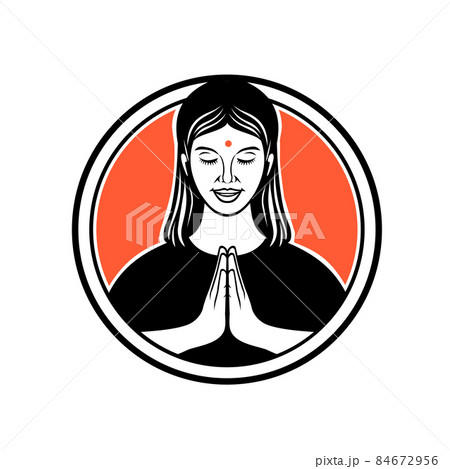 Indian Girl in Namaste Namaskar or Namaskaram Pose of Respectfully Greeting and Honoring Retro Style 84672956