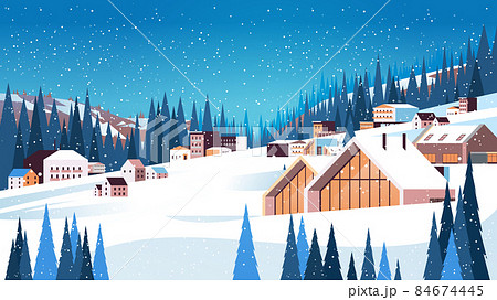 snow covered buildings in winter season residential houses area ski resort concept new year and christmas celebration 84674445