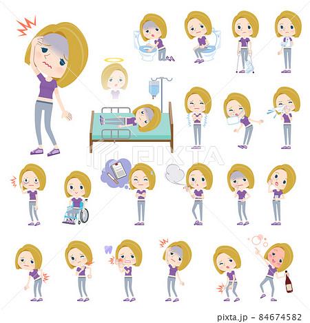 怪我や病気の状態のスポーツウエアを着た金髪アメリカ人女性のセットのイラスト素材