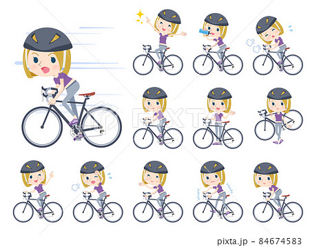 ロードバイクに乗ったスポーツウエアを着た金髪アメリカ人女性のセット 84674583