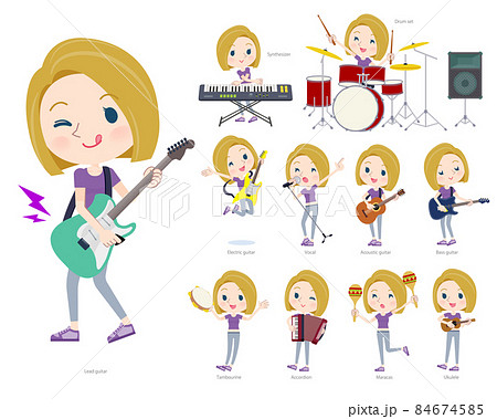 ロックンロールやポップミュージックを演奏するスポーツウエアを着た金髪アメリカ人女性のセット 84674585