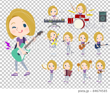 ロックンロールやポップミュージックを演奏するスポーツウエアを着た金髪アメリカ人女性のセット 84674585