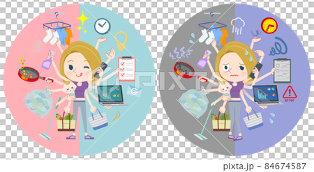 オフィスとプライベートでマルチタスクをこなすスポーツウエアを着た金髪アメリカ人女性のセット オフィスとプライベートでマルチタスクをこなすスポーツウエアを着た金髪アメリカ人女性のセット 84674587