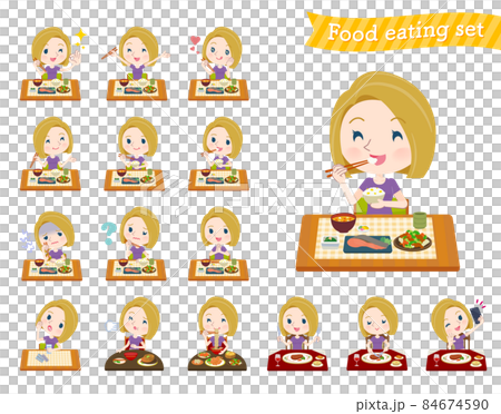 A set of blonde American women wearing sportswear for meals A set of blonde American women wearing sportswear for meals 84674590