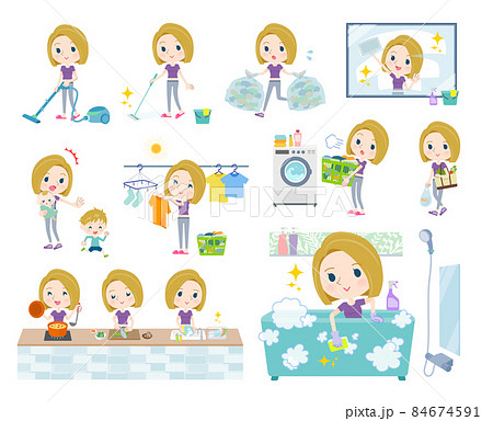 掃除や洗濯など家事に関するスポーツウエアを着た金髪アメリカ人女性のセットのイラスト素材