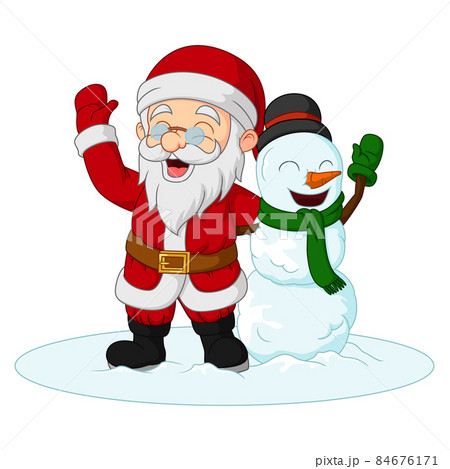 Cartoon santa claus with snowman waving hands Cartoon santa claus with snowman waving hands 84676171