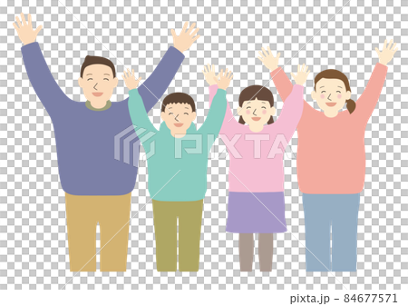 笑顔でバンザイしている4人家族 笑顔でバンザイしている4人家族 84677571