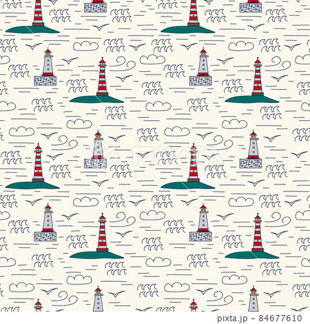Marine pattern with a lighthouse. Cartoon houses on the shore for a landmark with lanterns for textiles. Cute doodle tower pattern colored. Marine pattern with a lighthouse. Cartoon houses on the shore for a landmark with lanterns for textiles. Cute doodle tower pattern colored. 84677610