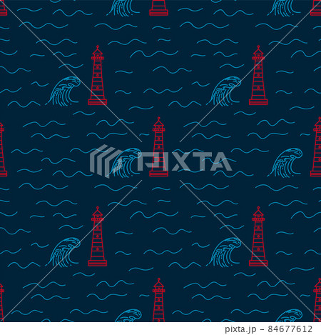 A pattern with a lighthouse building on a dark background. Lighthouse and wave on the sea. Linear substrate of doodle houses with lanterns for textiles. 84677612