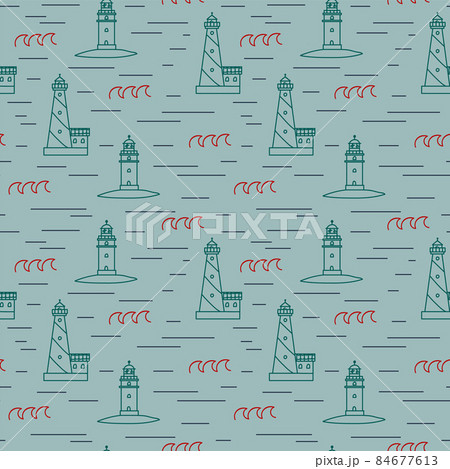 A pattern with a lighthouse building and waves. Linear substrate of doodle houses on the shore. Illustration of a lighthouse with lanterns for textiles. A pattern with a lighthouse building and waves. Linear substrate of doodle houses on the shore. Illustration of a lighthouse with lanterns for textiles. 84677613