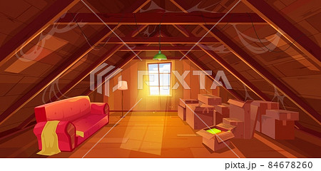 Attic interior, cartoon loft, garret and cockloft room. House attic or mansard room with window, wood roof and floor with spider web, dirty cardboard boxes, old sofa and lamps 84678260
