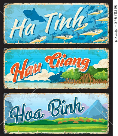 Ha Tinh, Hau Giang and Hoa Binh vietnamese regions, vector vintage cards and travel stickers. Vietnam provinces tin signs with landmarks, region maps and emblems, travel luggage tags or metal plates Ha Tinh, Hau Giang and Hoa Binh vietnamese regions, vector vintage cards and travel stickers. Vietnam provinces tin signs with landmarks, region maps and emblems, travel luggage tags or metal plates 84678296