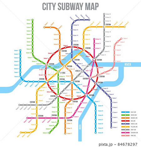 Subway, metro or underground map, city urban railway station lines, vector transport scheme. Subway or metro tube and railway train routes plan for public transport network map template 84678297