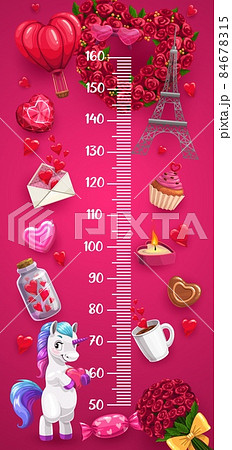 Height chart love and Valentine hearts growth meter. Vector wall sticker for kids with cartoon unicorn, gifts, sweets and Valentines Day items. Children height scale with flowers, candle, eiffel tower 84678315