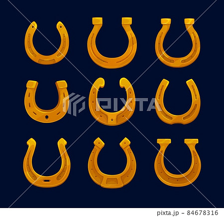 Cartoon golden horseshoes, vector symbols of good luck. Blacksmith horse shoe made of gold metal, lucky or fortune talisman of St Patricks Day Irish holiday, cowboy, Wild West western game interface Cartoon golden horseshoes, vector symbols of good luck. Blacksmith horse shoe made of gold metal, lucky or fortune talisman of St Patricks Day Irish holiday, cowboy, Wild West western game interface 84678316