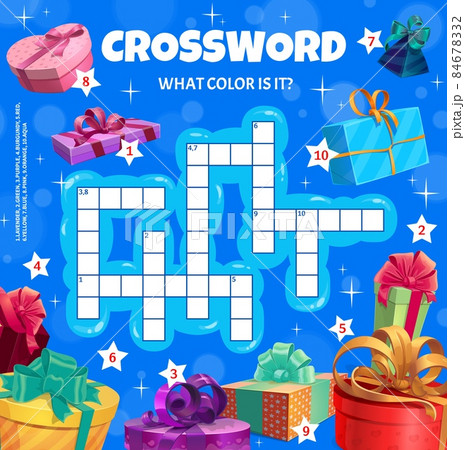 Christmas gifts and present boxes crossword puzzle worksheet, vector find a word quiz. Kids game in cross words riddle to guess colors of Xmas holiday or new year gifts in wrappers with ribbons Christmas gifts and present boxes crossword puzzle worksheet, vector find a word quiz. Kids game in cross words riddle to guess colors of Xmas holiday or new year gifts in wrappers with ribbons 84678332