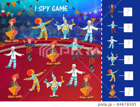 Kids I spy game with shapito circus clowns and performers, vector cartoon riddle. Kids tabletop puzzle or I spy game with funfair carnival clowns and jesters on unicycle on circus stage 84678395