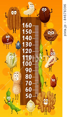 Kids height chart with funny nuts and seeds characters, vector growth meter. Kids tall measure chart or baby size ruler with cartoon walnut, peanut and almond, cashew, pistachio and sunflower seed 84678396