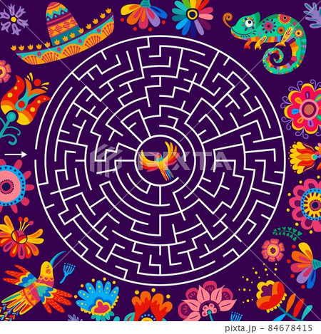 Round labyrinth maze worksheet. Vector mexican sombrero, flowers, birds and chameleon. Kids education pathfinding game, puzzle or quiz, bright Mexico ornament riddle with find way task 84678415
