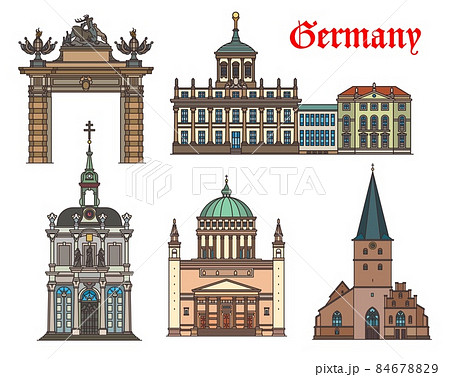 Germany churches and cathedrals, Potsdam and Bonn architecture and travel landmarks, vector. Potsdamer Stadttor or Jagertor, St. Remigius church in Bonn, Nikolaikirche in Potsdam and Kreuzbergkapelle 84678829