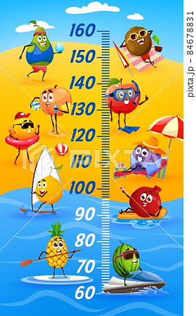 Kids height chart, funny cartoon fruits on summer vacation. Vector growth measure meter with ruler scale on tropical beach. Apple, pineapple, watermelon and lemon, garnett, plum, pear, peach and kiwi 84678831