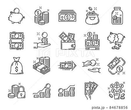 Cash money and coins icons, payment or credit and wallet exchange, business and savings, vector. Dollar money, cash currency and bank credit card symbols, financial pictograms of hand and salary 84678856
