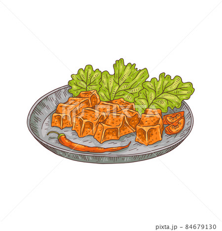 Turkish cuisine dish cig kofte in colored sketch style, vector illustration isolated on white background. 84679130