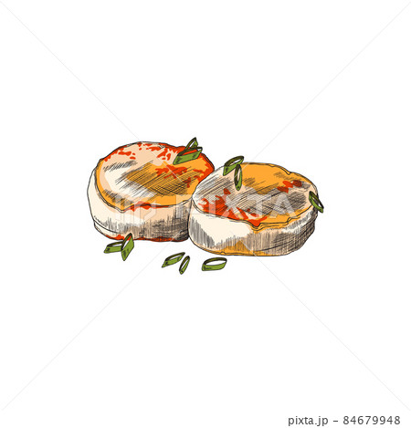 Grilled Scallop with green onion Japanese cuisine dish. Shellfish food vector sketch, hand drawn clam mollusk. Grilled Scallop with green onion Japanese cuisine dish. Shellfish food vector sketch, hand drawn clam mollusk. 84679948