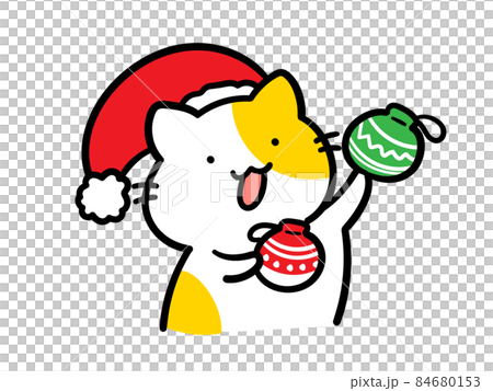 クリスマスの飾り付けをするねこのキャラクターの手書き風イラストのイラスト素材