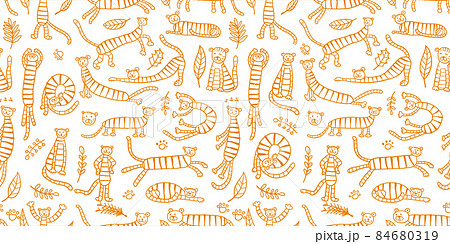 Collection of tigers and tropical leaves. Seamless Pattern for your design 84680319