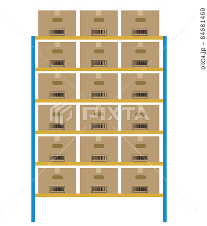物流通販ロジスティクスイメージのイラスト　段ボールダンボールとラック棚　正面 84681469
